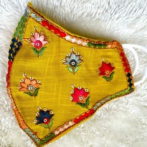 Pure linen face mask - hand embroidered-Mustard/Gold
